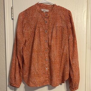LOFT Orange Bishop Sleeve Blouse with Mandarin Collar